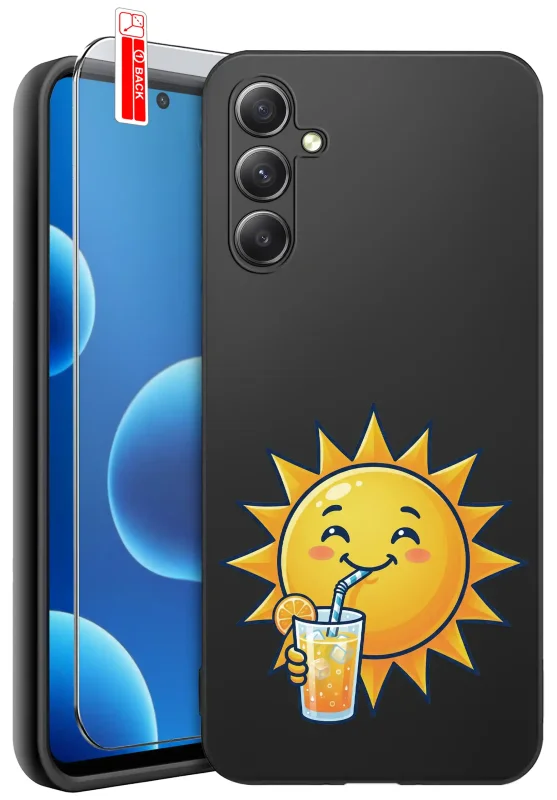 Etui wakacyjne do Samsung Galaxy S25 z nadrukiem uśmiechniętego słońca pijącego pomarańczowy napój przez słomkę oraz szkłem hartowanym 9H w zestawie