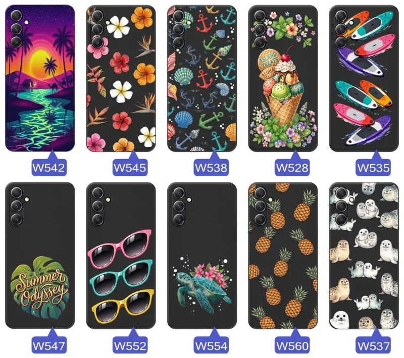 Kolekcja etui wakacyjnych do Samsung Galaxy S25 z palmami, kwiatami, kotwicami, lodami, deskami SUP, fokami i ananasami