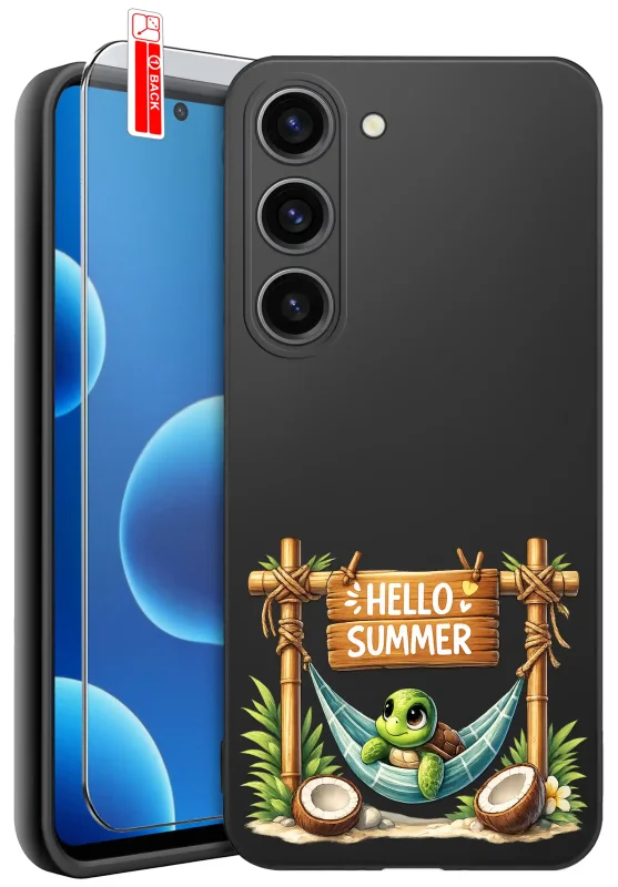 Etui wakacyjne do Samsung Galaxy S23 z nadrukiem żółwia odpoczywającego w hamaku, napisem „Hello Summer”, kokosami i tropikalnymi liśćmi oraz szkłem hartowanym 9H w zestawie