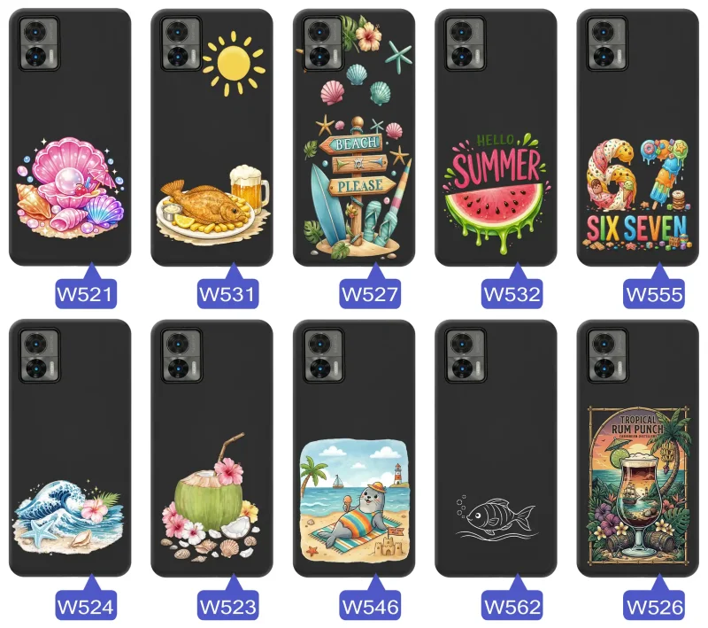 Kolekcja etui do Motorola Edge 30 Neo z letnimi wzorami muszli, ryb, plaży, arbuza, fal, kokosa i tropikalnego napoju