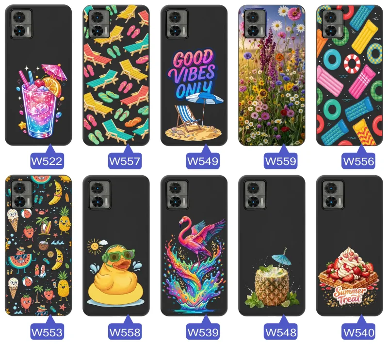 Różne letnie wzory etui do Motorola Edge 30 Neo z motywami leżaków, napojów, kwiatów, materacy, flamingów i owoców
