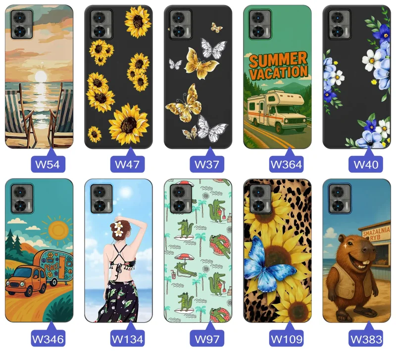 Zestaw etui do Motorola Edge 30 Neo z letnimi wzorami słoneczników, motyli, kampera, plaży, krokodyli i kapibary