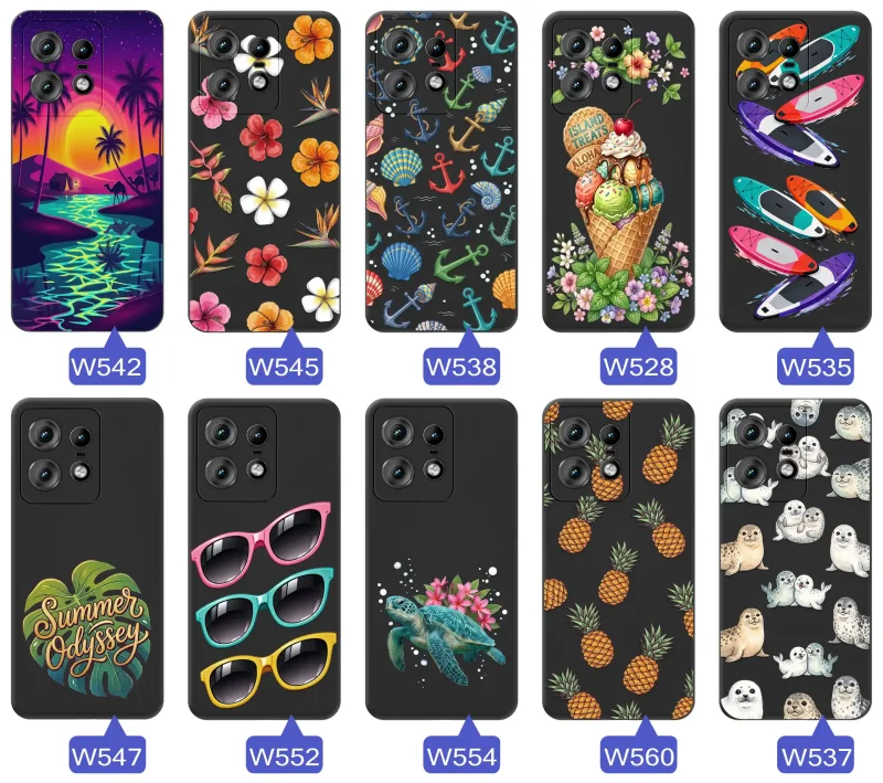 Kolekcja etui wakacyjnych do Motorola Edge 50 Pro z palmami, kwiatami, kotwicami, lodami, deskami SUP, fokami i ananasami