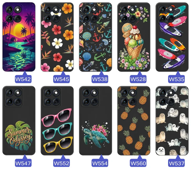 Kolekcja etui wakacyjnych do Motorola Edge 60 / 60 Fusion z palmami, kwiatami, kotwicami, lodami, deskami SUP, fokami i ananasami