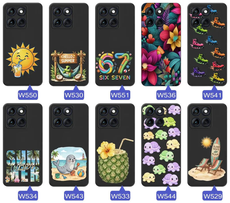 Różne etui wakacyjne do Motorola Edge 60 / 60 Fusion ze słońcem, hamakiem, motywem 67, kwiatami, rolkami i plażowymi grafikami