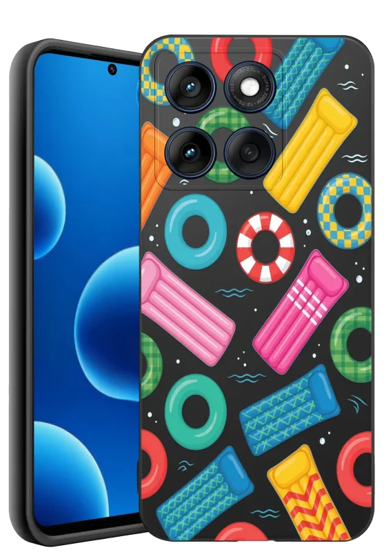 Etui wakacyjne do Motorola Edge 60 Pro 5G z kolorowym wzorem dmuchanych materacy i kół do pływania na czarnym tle