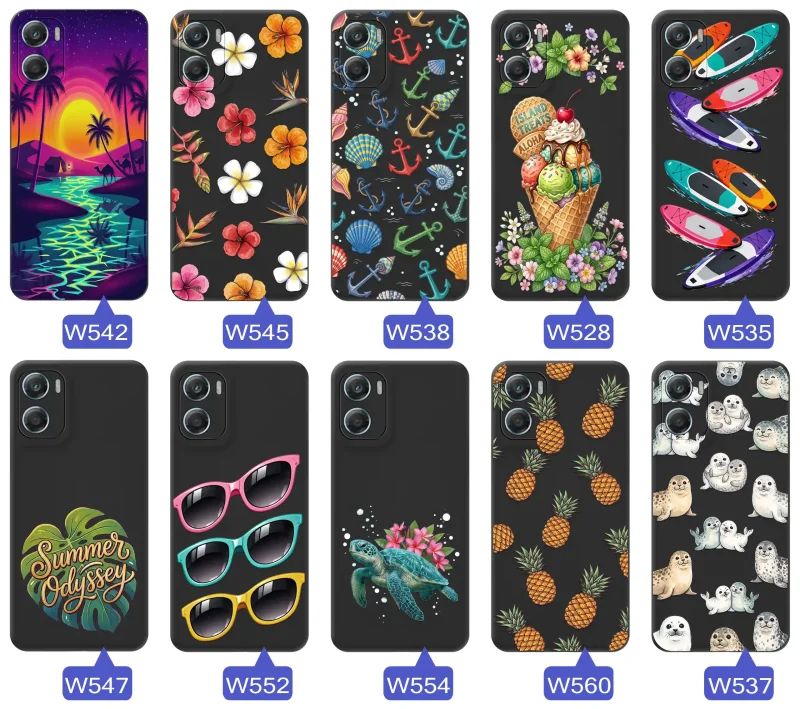 Kolekcja etui wakacyjnych do Motorola Edge 60 Pro 5G z palmami, kwiatami, kotwicami, lodami, deskami SUP, fokami i ananasami