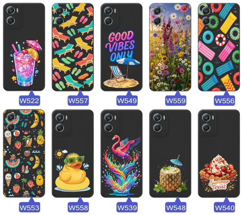 Różne letnie wzory etui do Motorola Edge 60 Pro 5G z motywami leżaków, napojów, kwiatów, materacy, flamingów i owoców