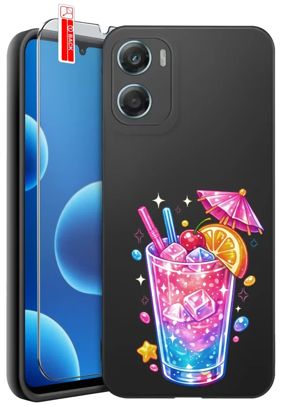 Etui wakacyjne do Motorola Moto G06 / G06 Power z nadrukiem różowo-niebieskiego koktajlu z kostkami lodu, plasterkiem pomarańczy, wiśnią i parasolką oraz szkło hartowane w zestawie