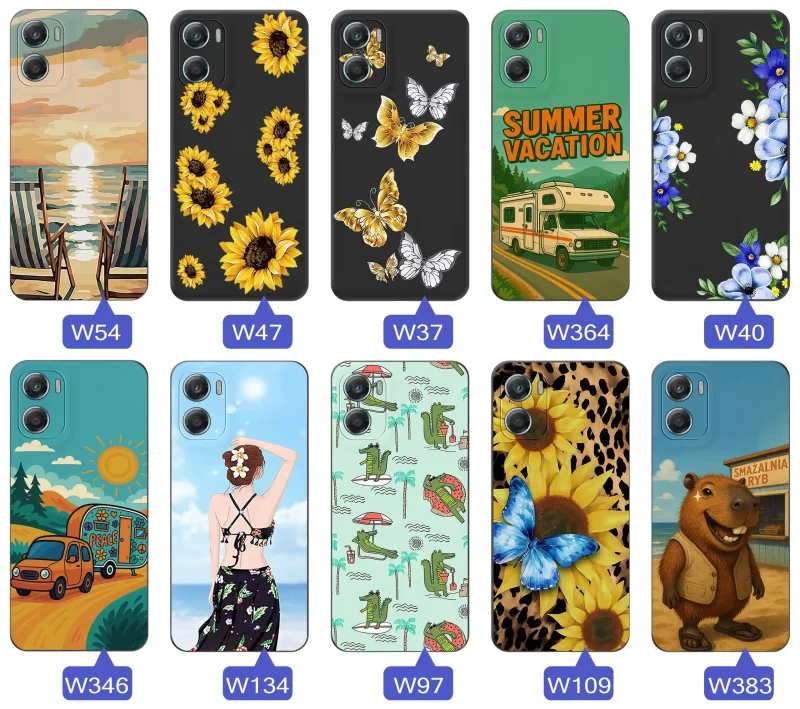 Zestaw etui do Motorola Moto G06 / G06 Power z letnimi wzorami słoneczników, motyli, kampera, plaży, krokodyli i kapibary