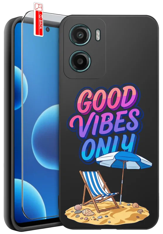 Etui wakacyjne do Motorola Moto E15 / G05 z napisem Good Vibes Only, leżakiem, niebieskim parasolem i muszelkami na plaży oraz szkłem hartowanym 9H w zestawie