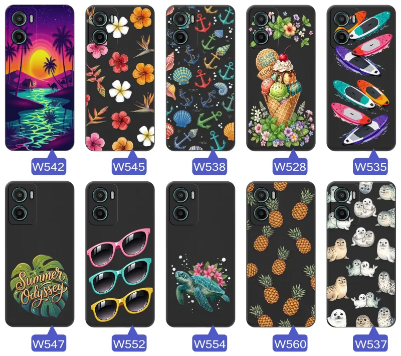Kolekcja etui wakacyjnych do Motorola Moto E15 / G05 z palmami, kwiatami, kotwicami, lodami, deskami SUP, fokami i ananasami