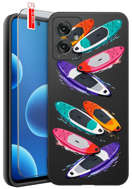 Etui wakacyjne do Motorola Moto G55 5G z nadrukiem kolorowych desek SUP w turkusowym, pomarańczowym, różowym i fioletowym kolorze oraz szkłem hartowanym 9H w zestawie
