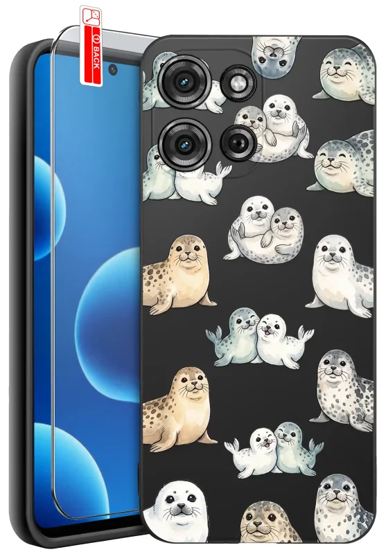 Etui wakacyjne do Motorola Moto G75 5G z nadrukiem białych, szarych i beżowych fok w różnych pozach na czarnym tle oraz szkłem hartowanym 9H w zestawie