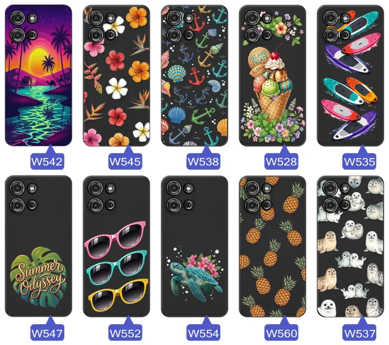 Kolekcja etui wakacyjnych do Motorola Moto G75 5G z palmami, kwiatami, kotwicami, lodami, deskami SUP, fokami i ananasami