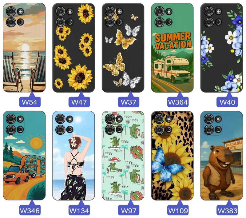 Zestaw etui do Motorola Moto G75 5G z letnimi wzorami słoneczników, motyli, kampera, plaży, krokodyli i kapibary