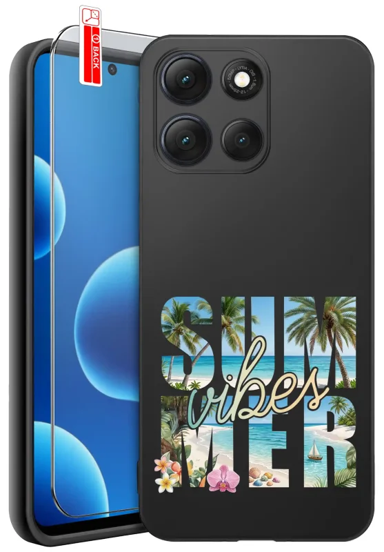 Etui wakacyjne do Motorola Moto G56 5G z napisem Summer Vibes, palmami, plażą, turkusowym morzem, żaglówką i kwiatami oraz szkłem hartowanym 9H w zestawie
