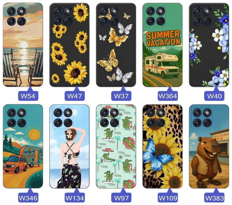 Zestaw etui do Motorola Edge 70 z letnimi wzorami słoneczników, motyli, kampera, plaży, krokodyli i kapibary