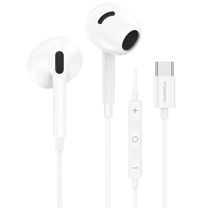 Białe słuchawki przewodowe douszne Foneng T66 ze złączem USB-C, mikrofonem oraz pilotem na przewodzie