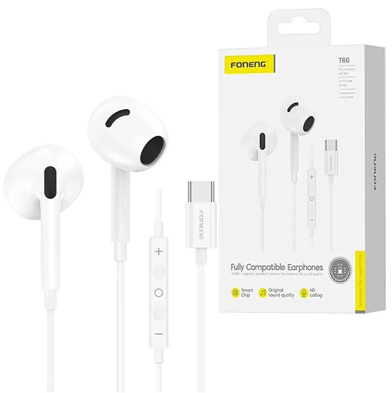 Słuchawki przewodowe douszne USB-C Foneng T66 z mikrofonem, pilotem i opakowaniem, kolor biały