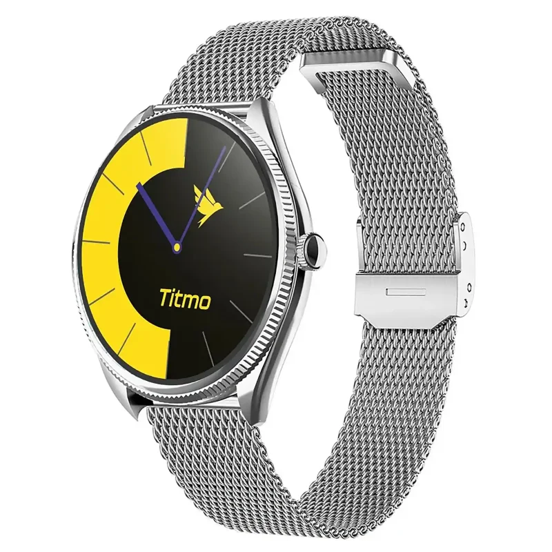 Smartwatch sportowy Titmo O-170 srebrny z ekranem AMOLED i metalowym paskiem mesh