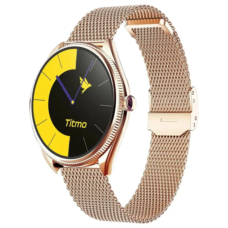 Smartwatch sportowy Titmo O-170 złoty z ekranem AMOLED i metalowym paskiem mesh