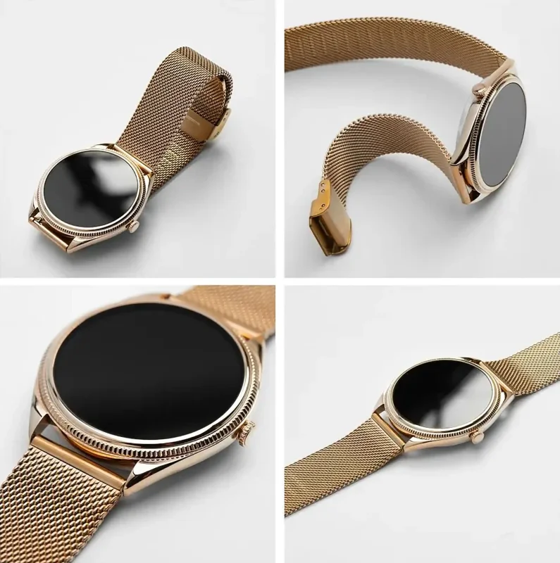 Złoty smartwatch Titmo O-170 z metalowym paskiem mesh – widok z różnych stron