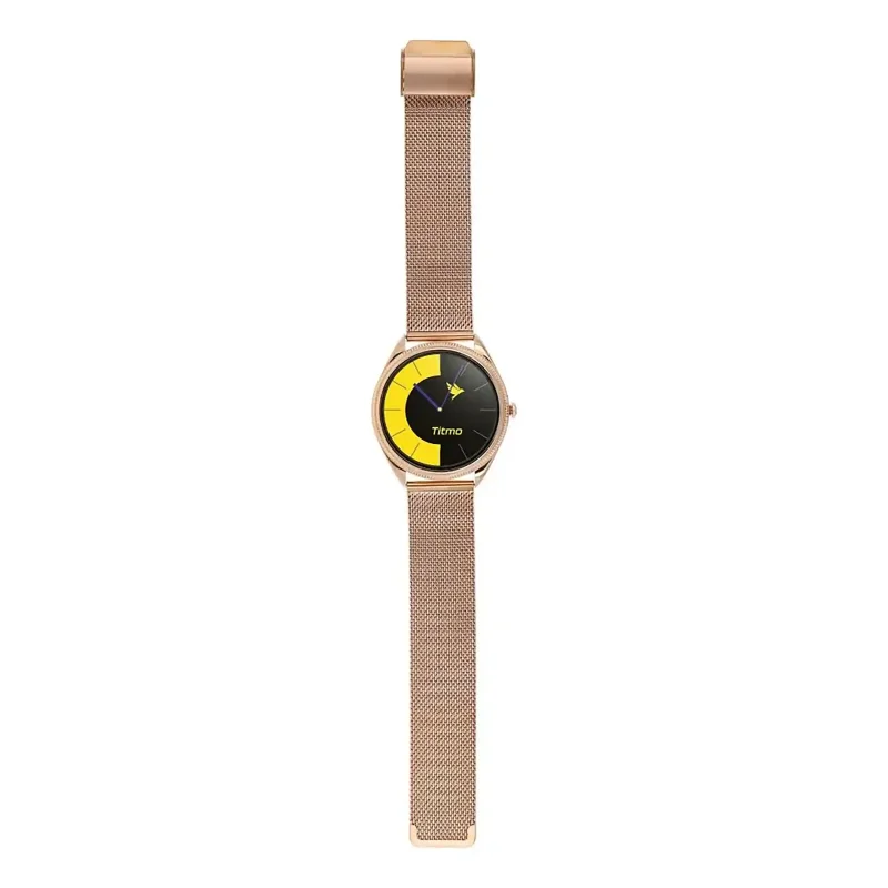 Smartwatch Titmo O-170 złoty z rozłożonym metalowym paskiem mesh – widok z przodu