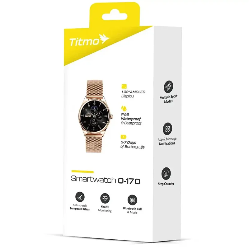Oryginalne opakowanie smartwatcha sportowego Titmo O-170 AMOLED IP68 w kolorze złotym