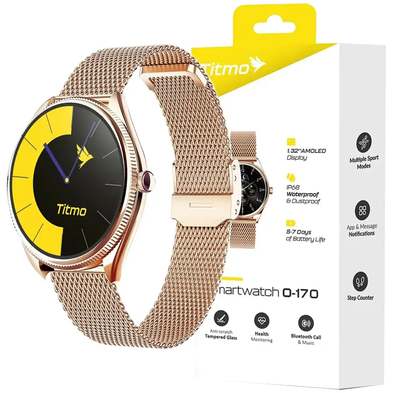 Smartwatch sportowy wodoodporny Titmo O-170 złoty AMOLED 1,32″ z opakowaniem producenta