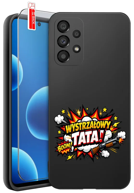 Etui dla Taty do Samsung Galaxy A52 / A52s 5G czarne z nadrukiem „Wystrzałowy Tata” oraz szkło hartowane 9H w zestawie