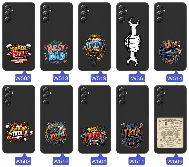 Różne wzory etui dla Taty do Samsung Galaxy S24, w tym napisy SuperDad, Tata Bohater i Najlepszy Tata na świecie oraz komiksowe, techniczne i motoryzacyjne motywy prezentowe