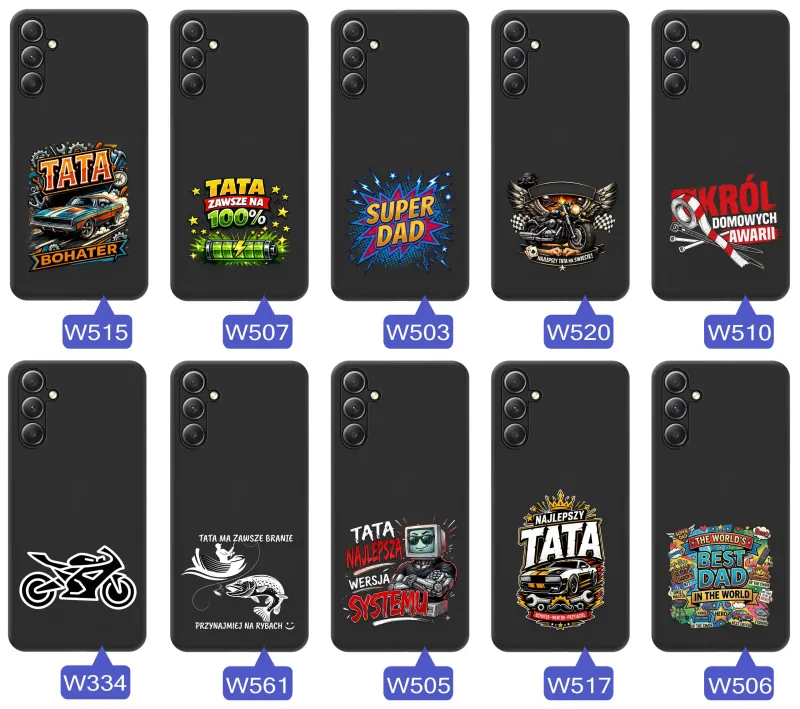 Kolekcja etui dla Taty do Samsung Galaxy S25 z motywami samochodów, motocykli, narzędzi i wędkarstwa oraz napisami Super Tata, Best Dad i Król Domowych Awarii