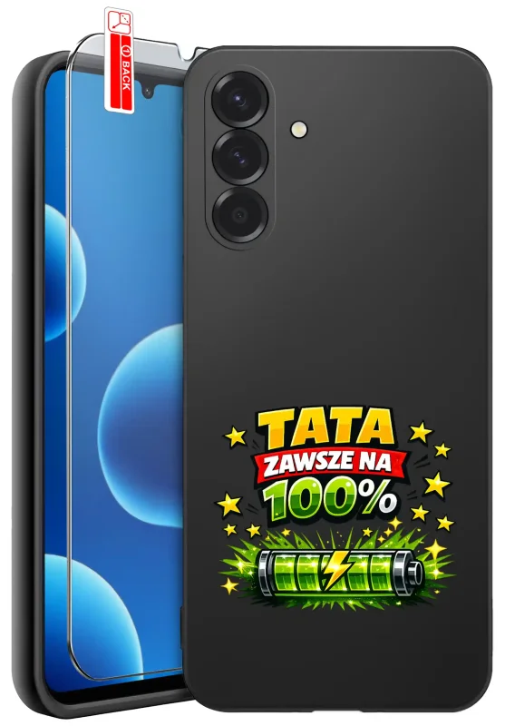 Etui dla Taty do Samsung Galaxy A17 5G z napisem Tata zawsze na 100 procent i grafiką zielonej baterii ze szkłem hartowanym 9H