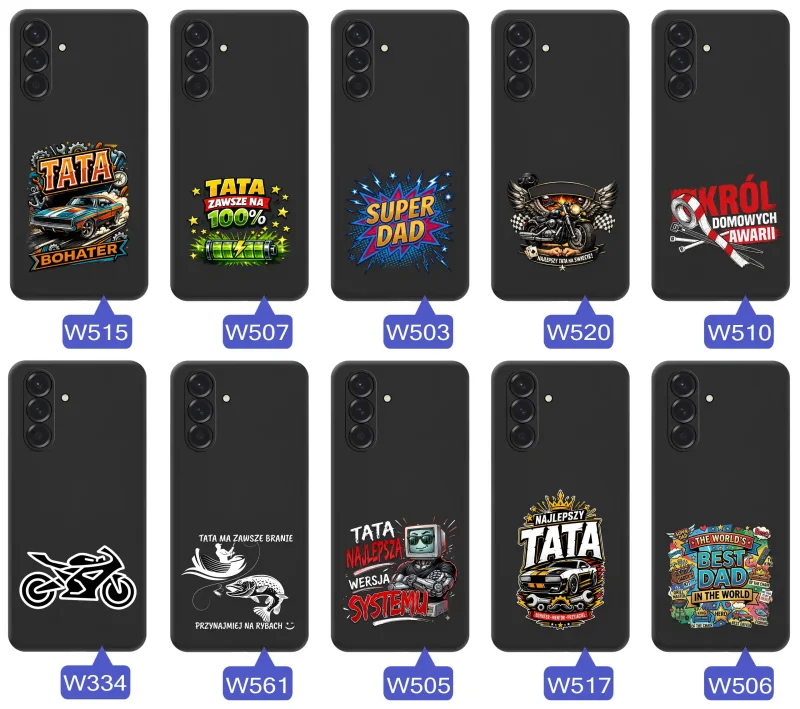 Kolekcja etui dla Taty do Samsung Galaxy A17 5G z motywami samochodów, motocykli, narzędzi i wędkarstwa oraz napisami Super Tata, Best Dad i Król Domowych Awarii