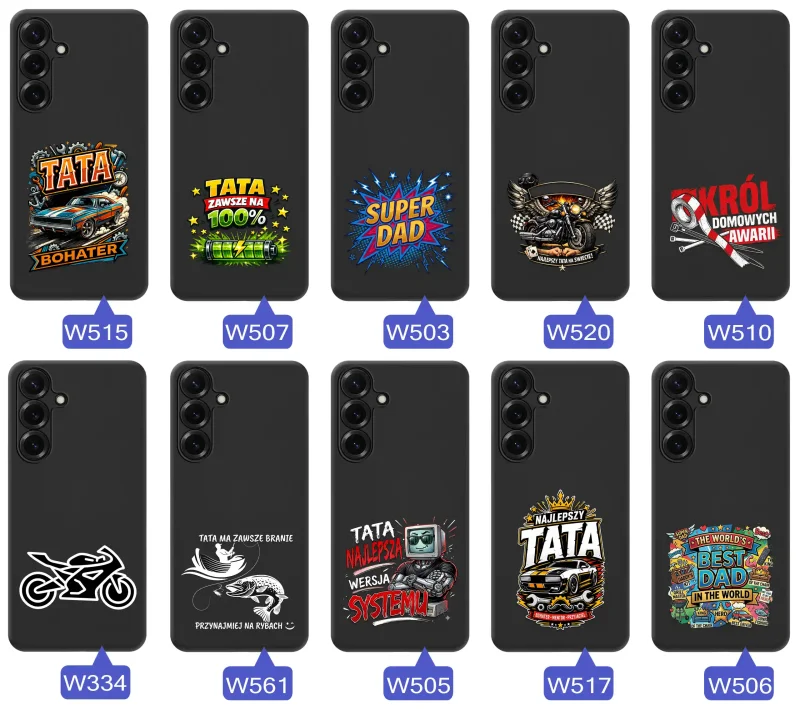 Kolekcja etui dla Taty do Samsung Galaxy S26+ Plus z motywami samochodów, motocykli, narzędzi i wędkarstwa oraz napisami Super Tata, Best Dad i Król Domowych Awarii