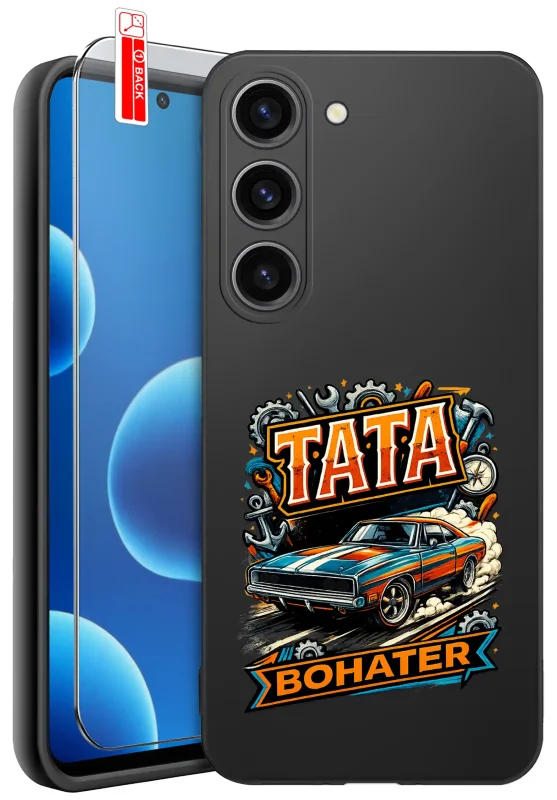 Etui dla Taty do Samsung Galaxy S23 z nadrukiem Tata Bohater, klasycznym samochodem i szkłem hartowanym 9H