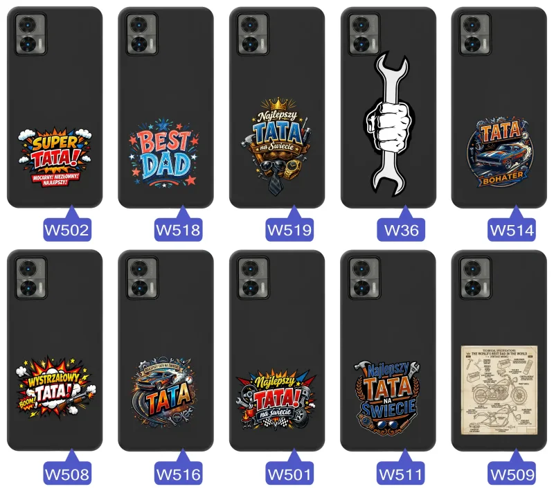 Różne wzory etui dla Taty do Motorola Edge 30 Neo, w tym napisy SuperDad, Tata Bohater i Najlepszy Tata na świecie oraz komiksowe, techniczne i motoryzacyjne motywy prezentowe
