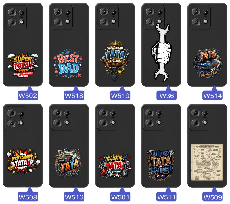 Różne wzory etui dla Taty do Motorola Edge 50 Pro, w tym napisy SuperDad, Tata Bohater i Najlepszy Tata na świecie oraz komiksowe, techniczne i motoryzacyjne motywy prezentowe