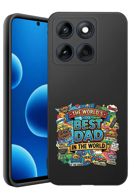 Etui dla Taty do Motorola Edge 60 Pro 5G z nadrukiem The World’s Best Dad in the World, kolorowymi motywami grilla, narzędzi, pilota, samochodu i wędkowania