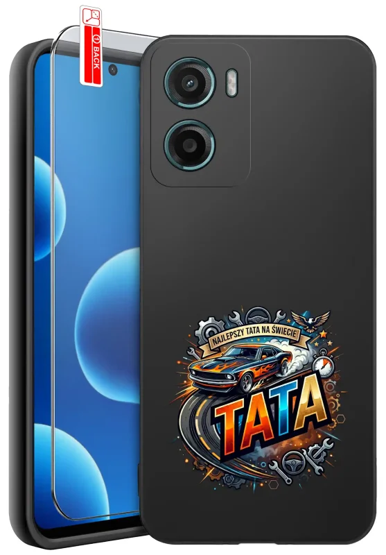 Etui dla Taty do Motorola Moto E15 / G05 z nadrukiem Najlepszy Tata na świecie, sportowym samochodem i szkłem hartowanym 9H
