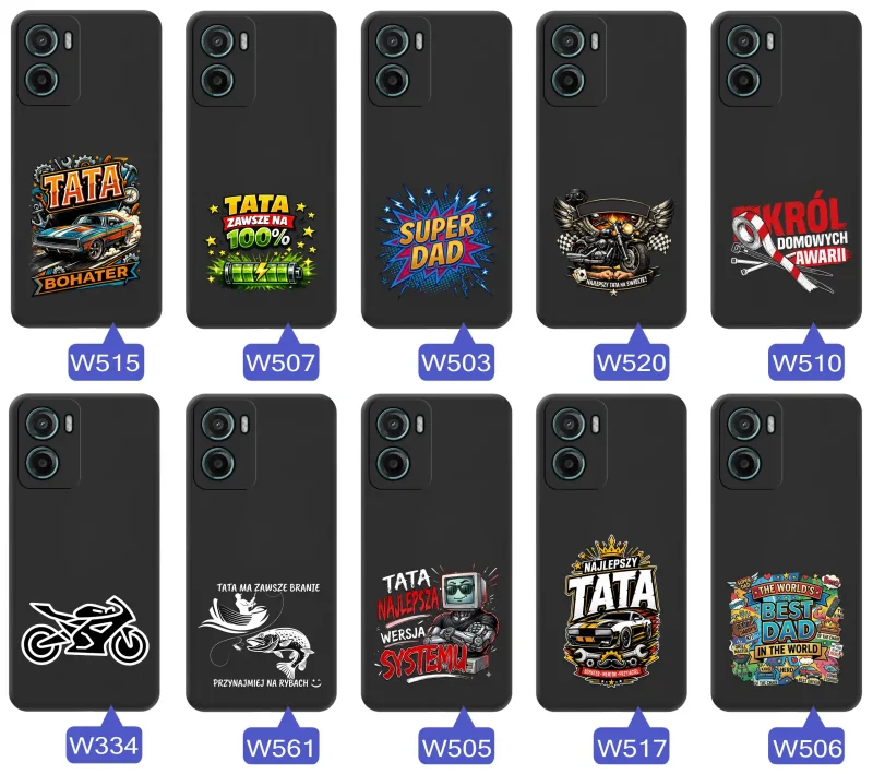 Kolekcja etui dla Taty do Motorola Moto E15 / G05 z motywami samochodów, motocykli, narzędzi i wędkarstwa oraz napisami Super Tata, Best Dad i Król Domowych Awarii
