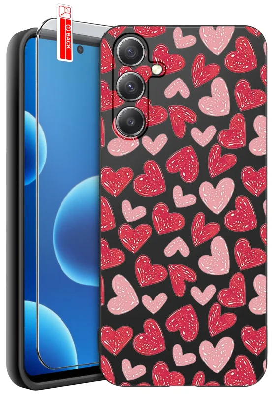 Etui dla Mamy do Samsung Galaxy A55 5G z nadrukiem serc: czarne matowe wykończenie oraz szkło hartowane 9H w zestawie
