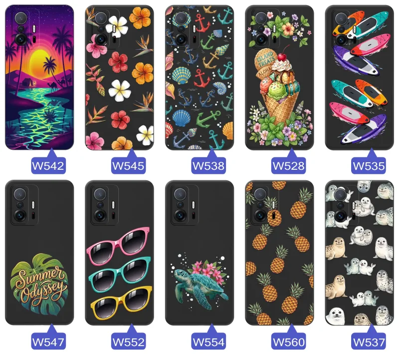 Kolekcja etui wakacyjnych do Xiaomi 11T / 11T Pro z palmami, kwiatami, kotwicami, lodami, deskami SUP, fokami i ananasami