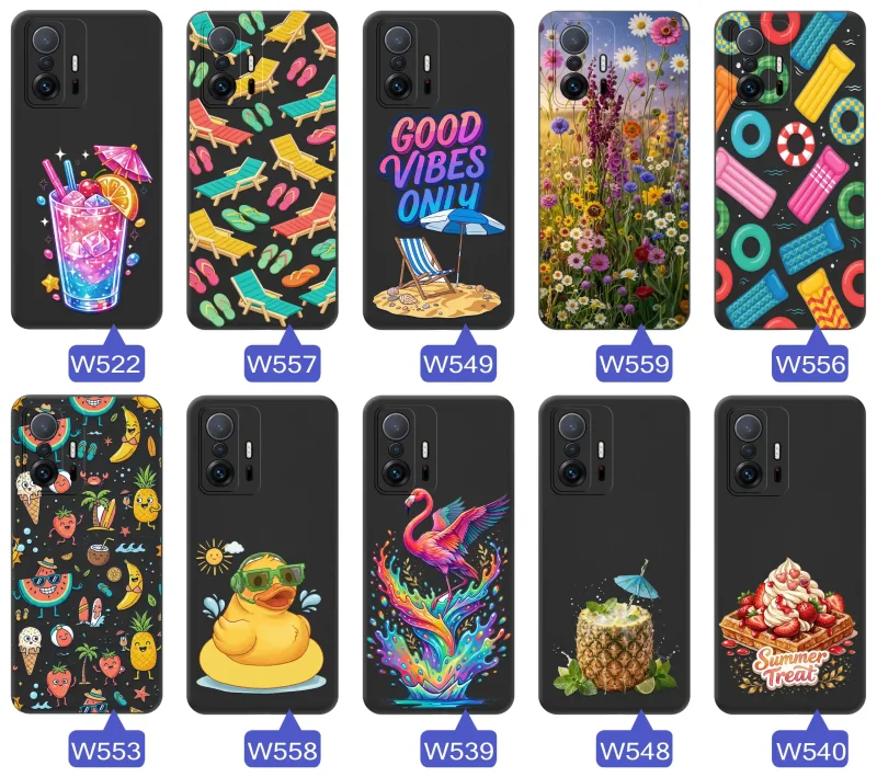 Różne letnie wzory etui do Xiaomi 11T / 11T Pro z motywami leżaków, napojów, kwiatów, materacy, flamingów i owoców