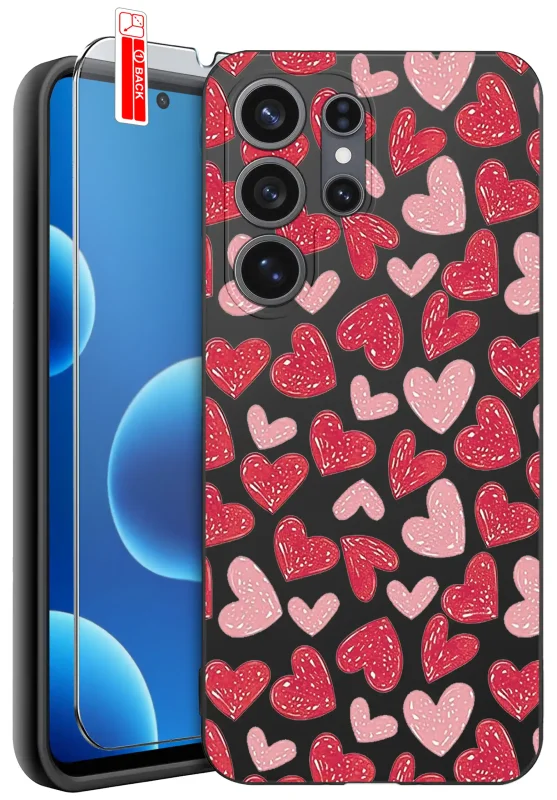 Etui dla Mamy do Samsung Galaxy S26 Ultra z nadrukiem serc : czarne matowe wykończenie oraz szkło hartowane 9H w zestawie