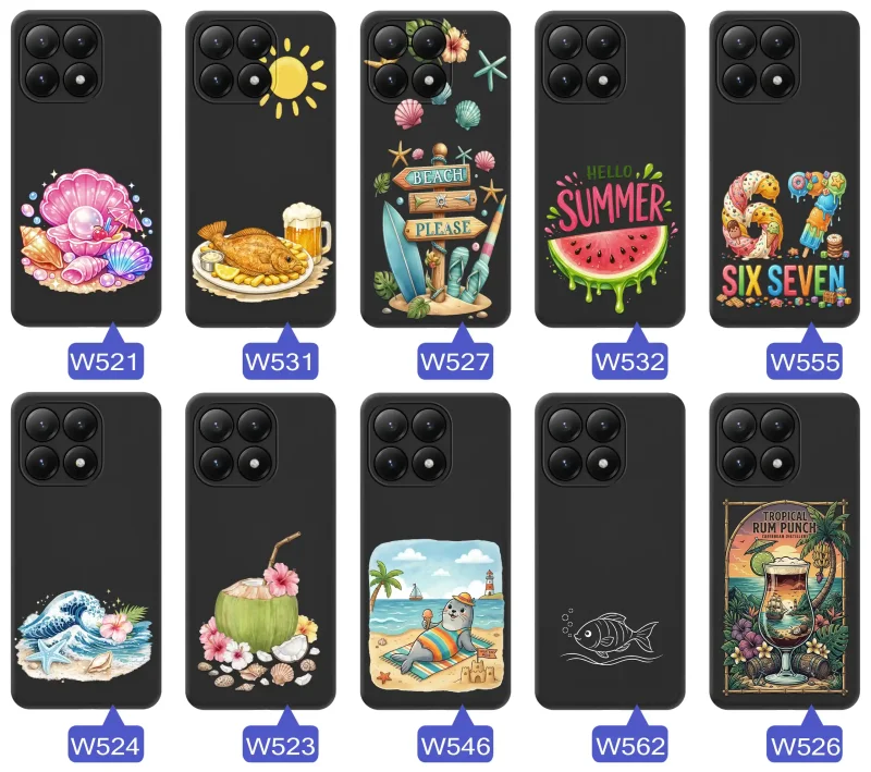 Kolekcja etui do Xiaomi 15T 5G z letnimi wzorami muszli, ryb, plaży, arbuza, fal, kokosa i tropikalnego napoju
