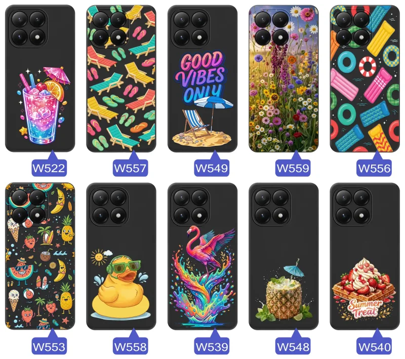 Różne letnie wzory etui do Xiaomi 15T 5G z motywami leżaków, napojów, kwiatów, materacy, flamingów i owoców
