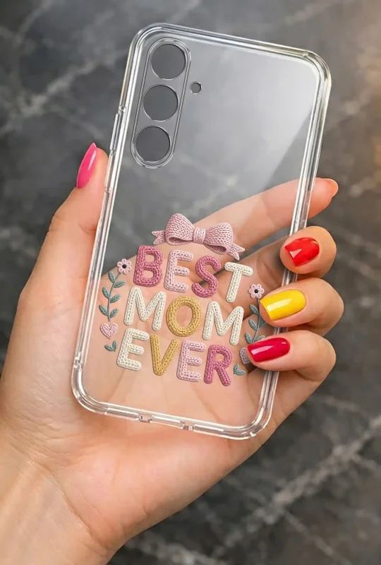 Transparentne etui na Dzień Mamy do Samsung Galaxy A17 5G trzymane w dłoni, z trwałym kolorowym nadrukiem Best Mom Ever