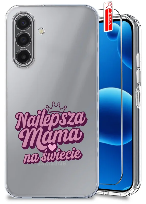 Etui dla Mamy do Samsung Galaxy A57 5G przezroczyste z różowym napisem Najlepsza Mama na świecie oraz szkło hartowane w zestawie
